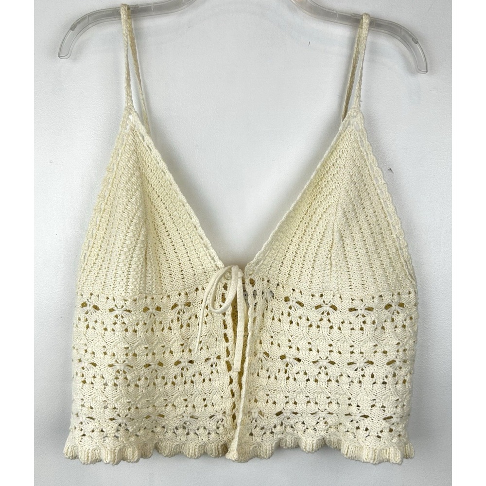 American Eagle Crochet Top XL Open Knit Ivory Cropped Tank Festival Boho Read